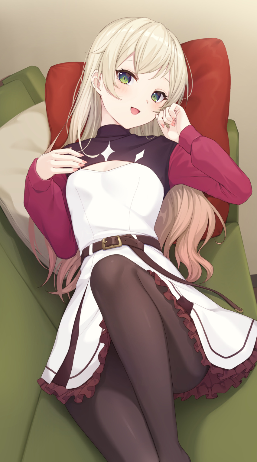 1girl belt black_pantyhose blonde_hair blush breasts cleavage cleavage_cutout clothing_cutout commentary_request couch cowboy_shot dress frilled_dress frills green_eyes hand_on_own_cheek hand_on_own_chest hand_on_own_face head_on_pillow highres knee_up long_hair long_sleeves looking_at_viewer lying multicolored_clothes nishino_eri on_back on_couch open_mouth original pantyhose pink_nails small_breasts smile solo turtleneck wavy_hair white_dress