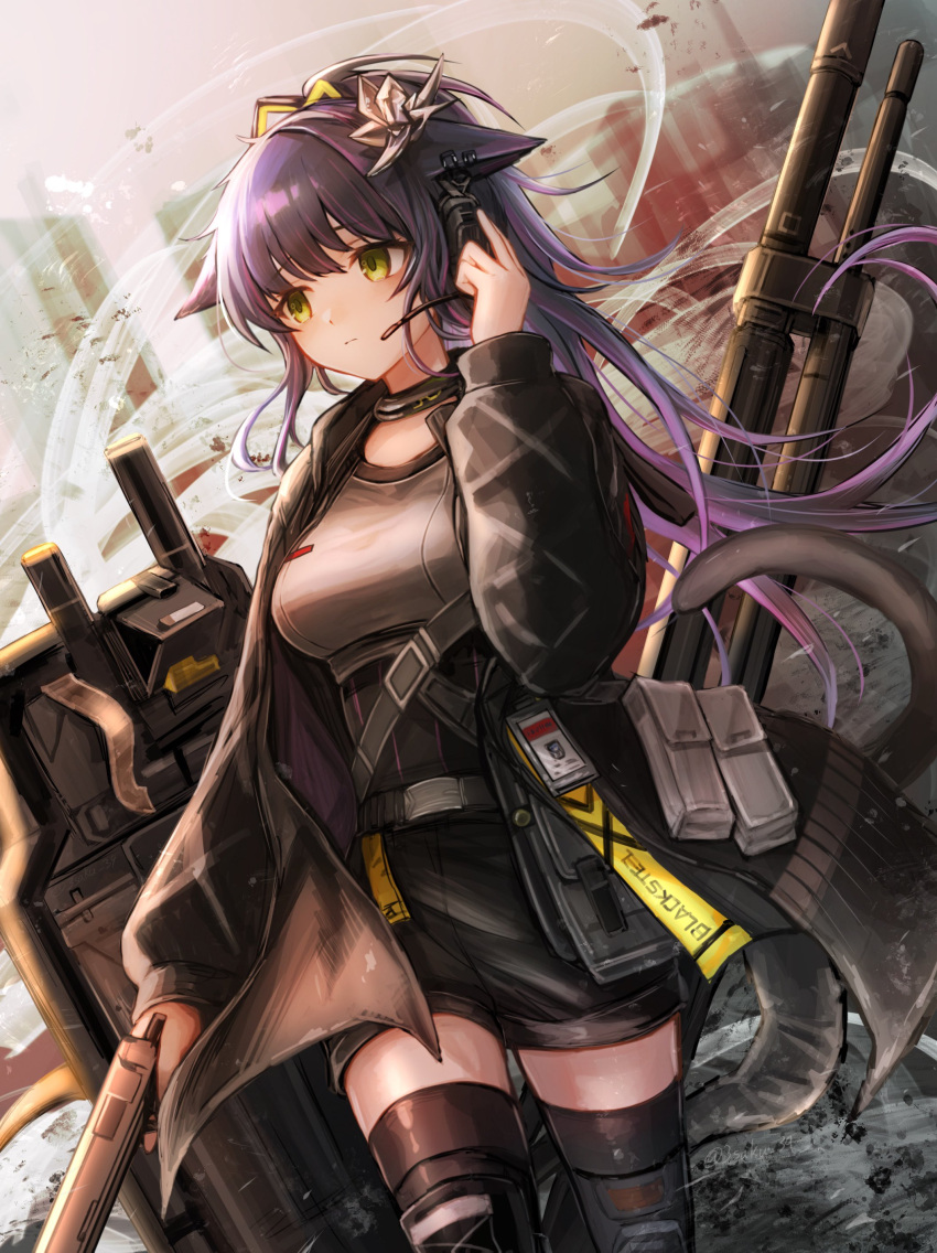 1girl 3_(sanyako1) :| absurdres animal_ears arknights black_jacket black_shorts black_thighhighs breasts cannon cat_ears cat_girl cat_tail closed_mouth cowboy_shot dutch_angle expressionless floating_hair green_eyes grey_shirt gun hand_on_headwear handgun headset highres holding holding_gun holding_weapon jacket jessica_(arknights) jessica_the_liberated_(arknights) large_breasts legs_apart long_hair long_sleeves looking_to_the_side open_clothes open_jacket purple_hair riot_shield shield shirt shorts sidelocks solo straight_hair tail thighhighs weapon