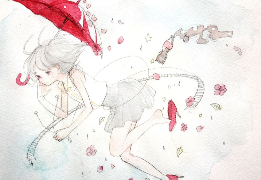 1girl bare_legs bottle character_request cola crying crying_with_eyes_open feet flower grey_hair grey_skirt heart high_heels painting_(medium) petals red_footwear red_umbrella shirt shizumi_(saluck) shoe_dangle shoes short_hair single_shoe skirt sleeveless sleeveless_shirt solo star_(symbol) tears traditional_media umbrella vocaloid watercolor_(medium) white_background white_shirt