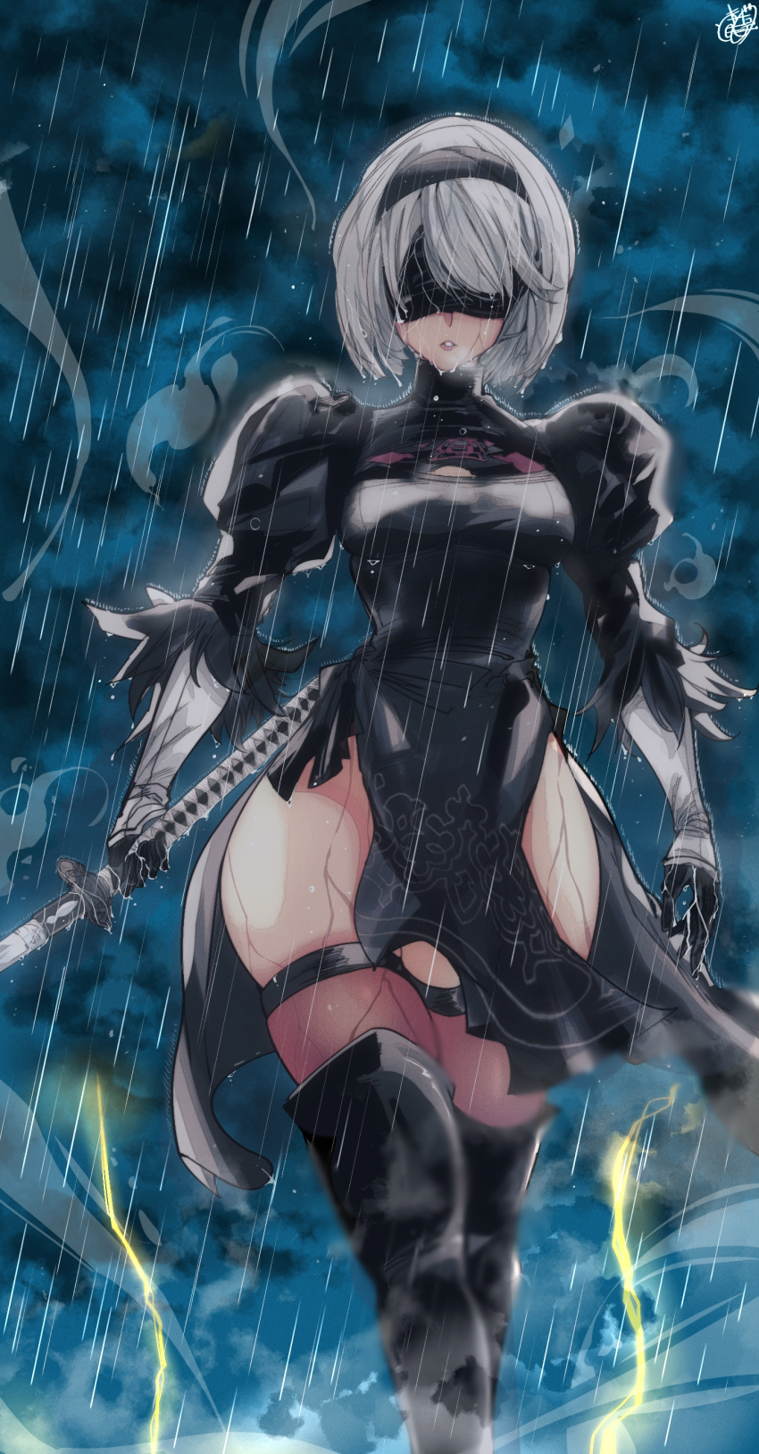 1girl 2b_(nier:automata) absurdres black_blindfold black_dress blindfold blurry blurry_foreground boots breasts cleavage_cutout clothing_cutout dark_background dress feet_out_of_frame grey_hair highres holding holding_sword holding_weapon katana kinakomochi_(user_vedc2333) medium_breasts nier:automata nier_(series) rain solo sword thigh_boots thighs thunder weapon wet