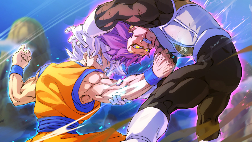 2boys absurdres armor black_bodysuit blood blood_from_mouth blue_sash blue_shirt blue_wristband bodysuit boots dougi dragon_ball dragon_ball_super easterhands fighting gloves grabbing_another's_arm highres motion_lines multiple_boys orange_pants orange_shirt pants punching purple_hair saiyan_armor sash shirt son_goku sparring vegeta white_armor white_eyes white_footwear white_gloves white_hair yellow_eyes