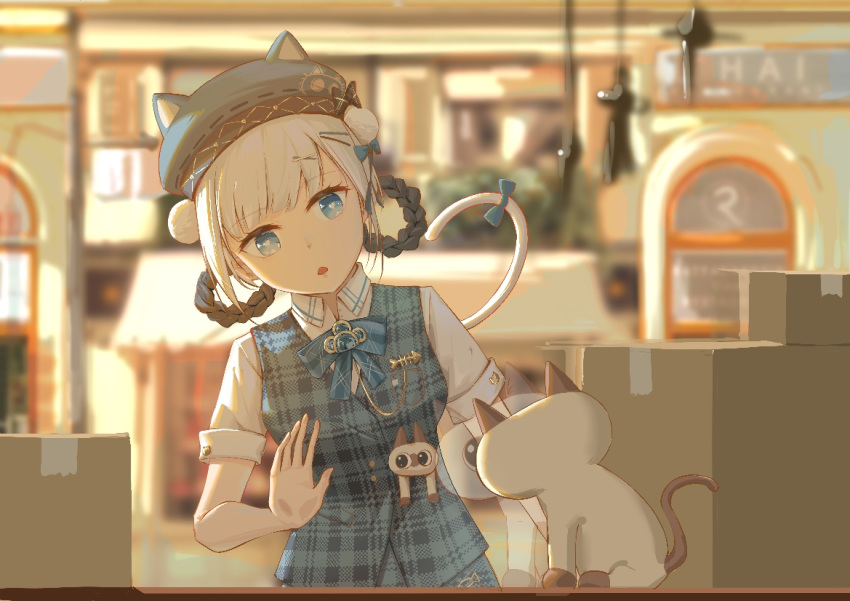 1girl animal_ear_headwear animal_ears bambinata_(punishing:_gray_raven) beret black_hair blue_eyes blue_jacket blue_skirt braided_hair_rings cat cat_ears cat_tail checkered_clothes checkered_jacket checkered_shirt collared_shirt hair_ornament hairclip hat heart heart-shaped_pupils jacket multicolored_hair official_alternate_costume pom_pom_hat_ornament punishing:_gray_raven shirt skirt sleeveless sleeveless_jacket stuffed_animal stuffed_cat stuffed_toy symbol-shaped_pupils tail two-tone_hair white_hair white_pom_poms white_shirt x_hair_ornament yume_3327