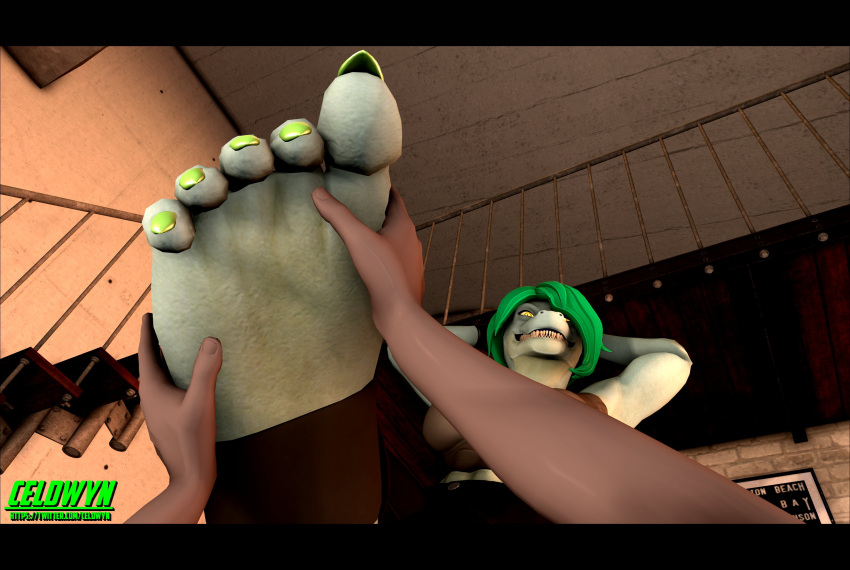 absurd_res ambiguous_gender anthro border caryll_(chappey) celdwyn_(artist) claws clothed clothing colored_claws duo feet female foot_fetish foot_focus foot_grab foot_rub footwear hi_res human humanoid humanoid_feet lizard mammal muscular muscular_female plantigrade reptile scalie socks stirrup_socks stirrups teasing teasing_with_feet watermark