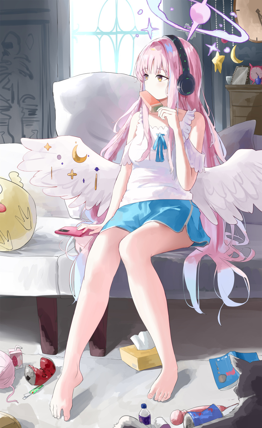 1girl absurdres angel_wings barefoot bed bed_sheet blue_archive blue_shorts blush bottle breasts camisole can cellphone crescent crescent_pin dolphin_shorts drinking_straw feathered_wings food halo headphones highres holding holding_food indoors jsscj long_hair medium_breasts mika_(blue_archive) phone pink_hair pink_halo popsicle shorts sitting smartphone solo tissue tissue_box toes white_camisole white_wings wings yellow_eyes