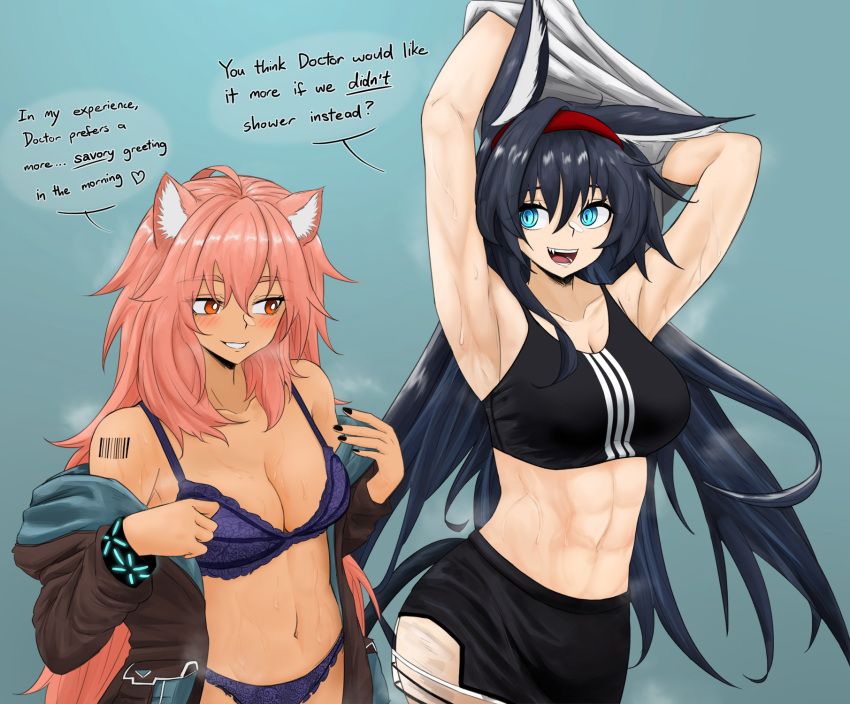 2girls abs animal_ear_fluff animal_ears arknights armpits black_hair black_sports_bra blaze_(arknights) bra cat_ears cat_girl cat_tail dokonjou_(odossan) english_text gravel_(arknights) hairband highres hood hooded_jacket jacket lace-trimmed_bra lace-trimmed_panties lace_trim long_hair mouse_ears mouse_girl multiple_girls open_clothes open_jacket open_mouth panties pink_hair red_hairband shoulder_tattoo skirt smile sports_bra steaming_body sweat sweaty_armpits tail tattoo underwear undressing very_sweaty