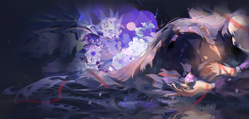 1girl abstract_background absurdres akemi_homura black_hair black_hairband commentary crying crying_with_eyes_open flower gears hair_spread_out hairband highres kurage_(nai_chuanqi) long_hair lying mahou_shoujo_madoka_magica mahou_shoujo_madoka_magica_(anime) on_side portrait purple_eyes red_ribbon reflection ribbon solo soul_gem symbol-only_commentary tears white_flower