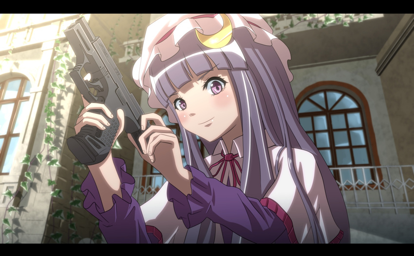 anime_coloring blush capelet crescent day gun handgun hat holding holding_gun holding_weapon letterboxed long_hair outdoors patchouli_knowledge pistol purple_eyes purple_hair smile solo tomon_(slash0410) touhou upper_body very_long_hair walther walther_p99 weapon window