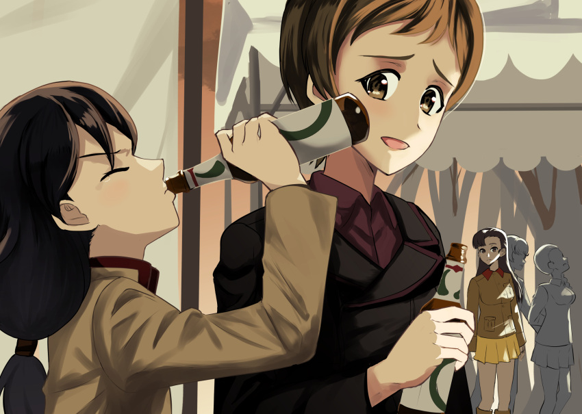 5girls beer_bottle black_jacket brown_eyes brown_hair brown_jacket chi-hatan_military_uniform closed_eyes commentary drinking girls_und_panzer hair_tie highres hosomi_shizuko jacket kojima_emi kubota_rin kuromorimine_military_uniform multiple_girls nishi_kinuyo nmz_zmn red_shirt shirt skirt tamada_tamaki tearing_up yellow_skirt