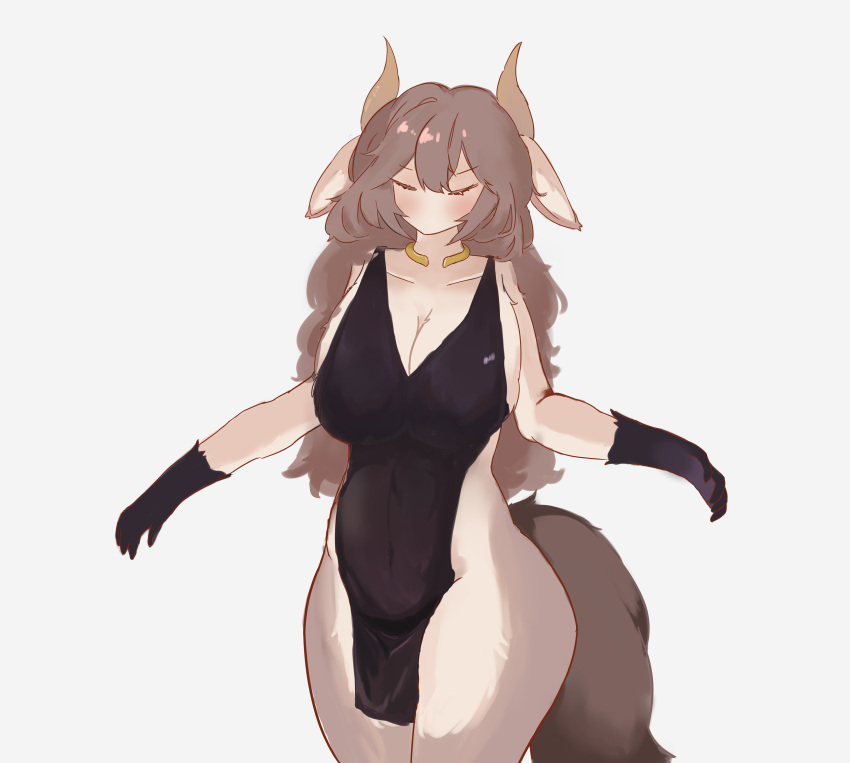 2024 2_horns absurd_res anthro big_breasts black_body black_clothing black_dress black_fur black_gloves black_handwear bovid bovine breasts brown_body brown_fur brown_hair brown_horn cattle clothing curvy_figure dress female fluffy fluffy_tail front_view fur gloves hair handwear hi_res horn hourglass_figure long_hair mammal simple_background slit_dress solo spread_arms standing tail tan_body tan_fur tan_inner_ear thick_thighs white_background wide_hips yuruha