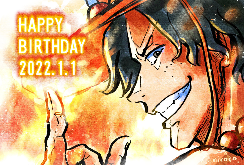 1boy 2022 black_hair close-up commentary_request dated fire freckles furol_nicoco happy_birthday highres jewelry looking_at_viewer looking_back male_focus necklace one_piece orange_hat orange_theme pearl_necklace portgas_d._ace profile short_hair smile solo