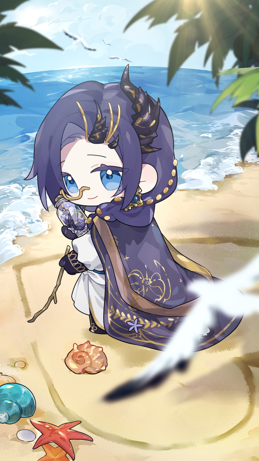 1boy absurdres beach beads bird black_footwear black_gloves black_horns blue_eyes blue_hair blurry braid cape chibi chibi_only clarence_clayden closed_mouth dagai_shi_ran_wang dark_blue_hair day depth_of_field earrings from_behind gloves hair_beads hair_ornament hair_over_shoulder heart highres holding holding_jar holding_stick horns jar jewelry long_hair looking_at_viewer looking_back lovebrush_chronicles male_focus message_in_a_bottle mole mole_under_eye official_art origami palm_tree paper_crane parted_bangs purple_cape robe sand_writing seagull seashell shell single_braid single_horn smile solo standing starfish stick tree white_robe