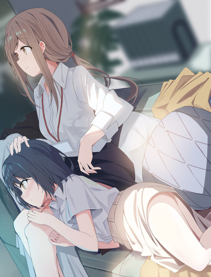 2girls absurdres adachi_sakura adachi_to_shimamura bare_legs black_hair black_skirt blurry blurry_background blush brown_eyes brown_hair closed_mouth collared_shirt commentary couch grey_skirt hand_on_another's_head hand_on_another's_leg highres id_card indoors lap_pillow long_hair long_sleeves multiple_girls on_couch ponytail shimamura_hougetsu shirt short_hair short_sleeves skirt smile soha_(sirohase) white_shirt yuri