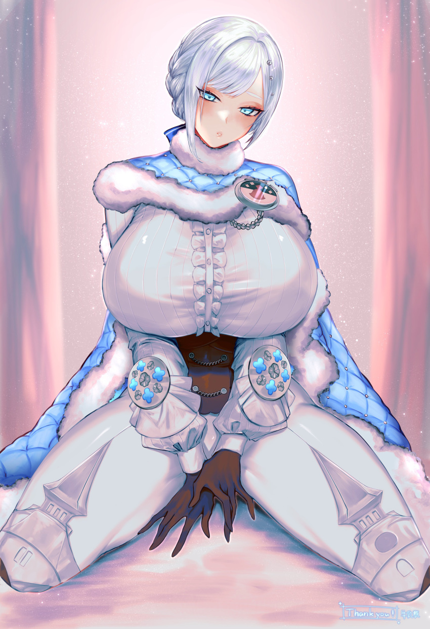 1girl absurdres akershus_fortress_(oshiro_project) badge black_corset black_gloves blue_bow blue_cape blue_cloak blue_eyes blush bodysuit bow braid breasts buttons cape center_frills cloak commission corset curtains fluff frilled_shirt frills full_body fur-trimmed_cape fur-trimmed_cloak fur_trim glint gloves grey_hair hair_bow hair_ornament highres huge_breasts jewelry long_sleeves looking_at_viewer milk4290 oshiro_project:re padded_cloak puffy_long_sleeves puffy_sleeves shirt sitting skeb_commission solo swept_bangs thick_lips thick_thighs thighs tight_clothes white_bodysuit white_shirt