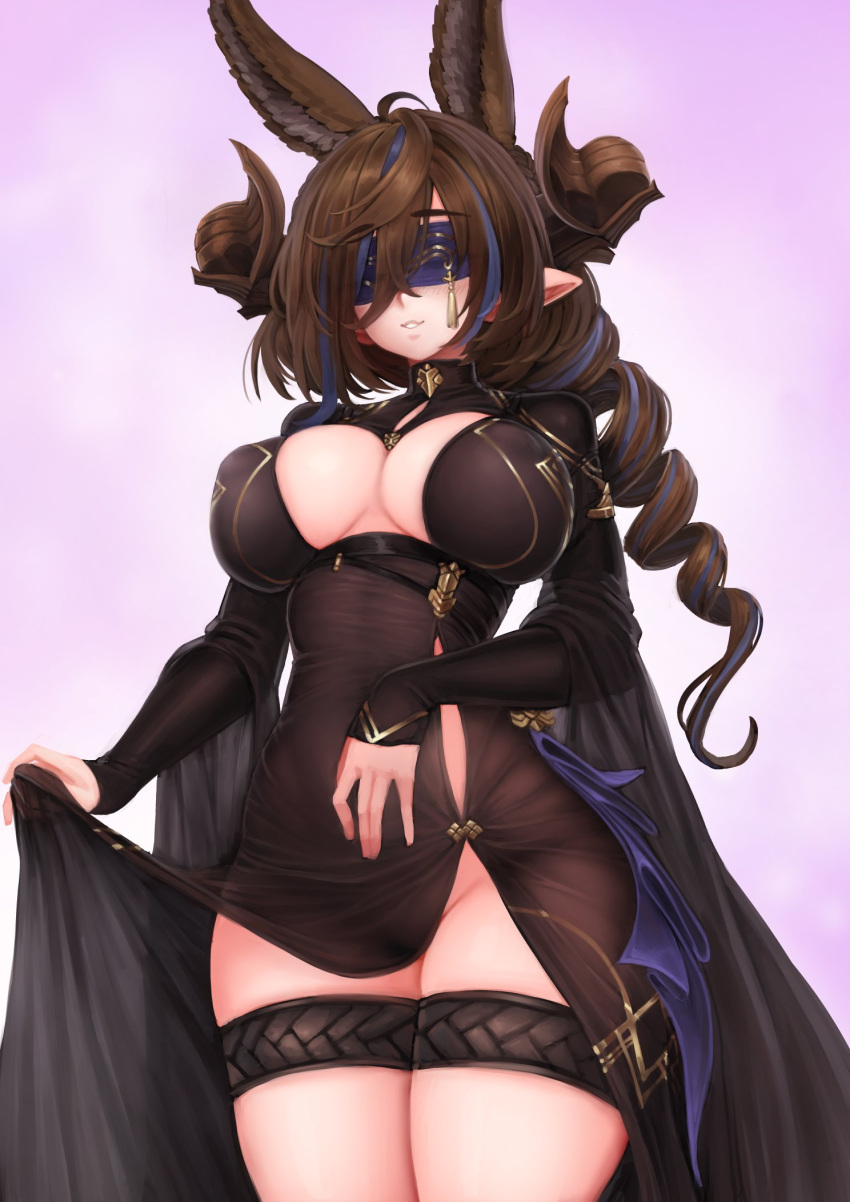 1girl animal_ears barbariank black_dress blindfold blue_hair breasts brown_hair brown_horns cleavage cleavage_cutout clothing_cutout dress drill_hair drill_ponytail extra_ears galleon_(granblue_fantasy) galleon_(life's_compassionate_observer)_(granblue_fantasy) granblue_fantasy highres horns large_breasts long_hair long_sleeves multicolored_hair official_alternate_costume pointy_ears purple_blindfold smile solo streaked_hair thigh_strap