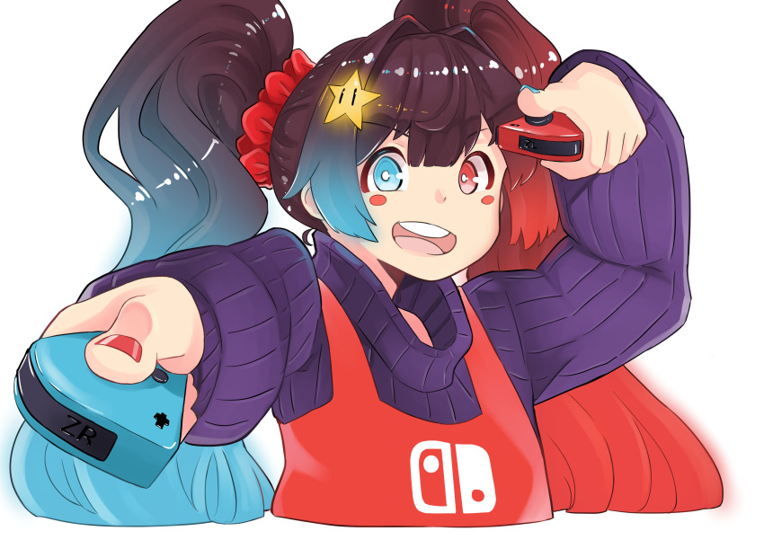 1girl absurdres artist_request blue_hair brown_hair gradient_hair heterochromia highres humanization joy-con multicolored_hair nintendo nintendo_switch nintendo_switch_(personification) open_mouth overalls red_hair smile super_star_(mario) sweater teeth twintails upper_teeth_only white_background