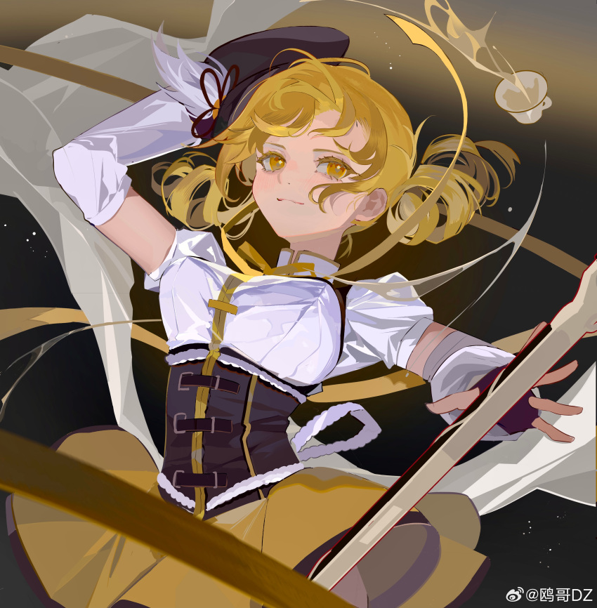 1girl absurdres arm_up beret black_background black_gloves black_hat blonde_hair chinese_commentary collared_shirt colored_eyelashes commentary_request corset cowboy_shot cup curly_hair detached_sleeves drill_hair fingerless_gloves gloves gradient_background hat highres looking_at_viewer magical_girl mahou_shoujo_madoka_magica mahou_shoujo_madoka_magica_(anime) medium_hair neck_ribbon ouge_dz ribbon shirt simple_background skirt smile solo spill tea teacup tomoe_mami twin_drills weibo_logo weibo_username white_shirt yellow_eyes yellow_ribbon yellow_skirt