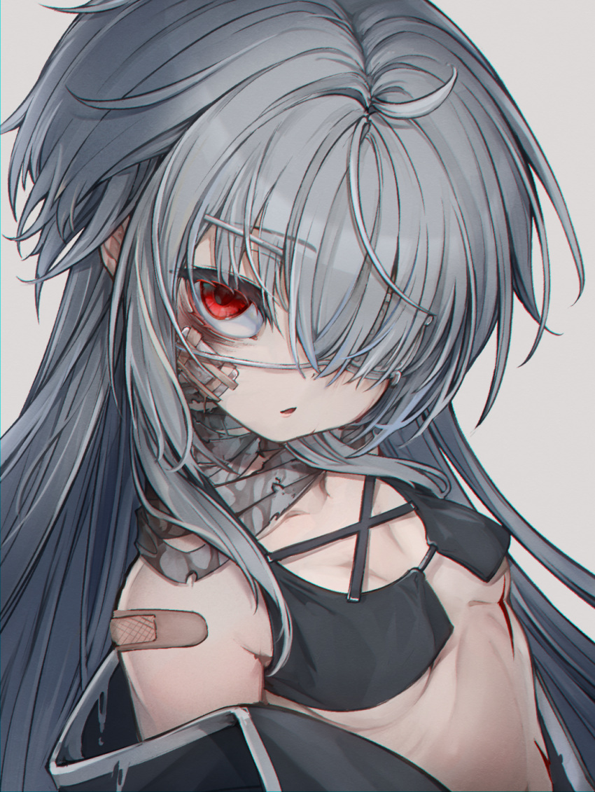 1girl bags_under_eyes bandaged_neck bandages bandaid bandaid_on_shoulder bikini blood breasts eyelashes eyepatch grey_background grey_hair hair_over_one_eye head_tilt highres kajaneko long_hair looking_at_viewer medical_eyepatch off_shoulder original parted_lips red_eyes scratches small_breasts solo swimsuit upper_body