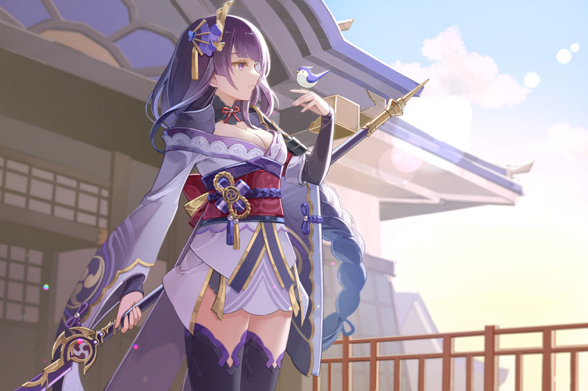 1girl bird bird_on_hand black_thighhighs blunt_bangs braid braided_ponytail breasts cleavage closed_mouth day genshin_impact hair_ornament highres holding holding_polearm holding_weapon japanese_clothes kimono long_hair long_sleeves ludwig_(user_aewg2872) medium_breasts obi outdoors polearm purple_eyes purple_hair purple_kimono raiden_shogun sash short_kimono single_braid solo standing thighhighs very_long_hair weapon wide_sleeves zettai_ryouiki