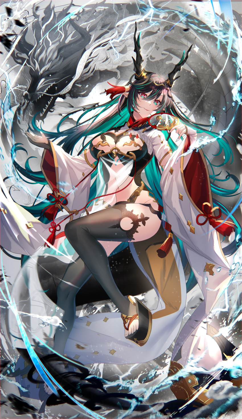 1girl absurdres black_hair breasts colored_inner_hair detached_sleeves dragon eastern_dragon fuyuki_(neigedhiver) gradient_eyes granblue_fantasy green_hair hand_fan highres horns large_breasts long_hair mole mole_under_mouth multicolored_eyes multicolored_hair navel payila_(granblue_fantasy) pointy_ears see-through smile thighhighs toeless_legwear wide_sleeves