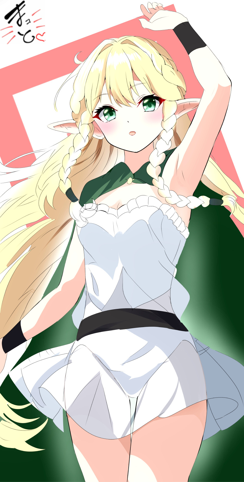 2024 absurd_res blonde_hair blush braided_hair cape clothing dress elf eltolinde_(unicorn_overlord) female green_cape green_clothing green_eyes green_pupils hair hi_res humanoid humanoid_pointy_ears leotard looking_at_viewer makoto_x not_furry open_mouth pigtails pupils raised_arm solo tan_body tan_inner_ear tan_skin unicorn_overlord vanillaware white_clothing white_dress white_leotard