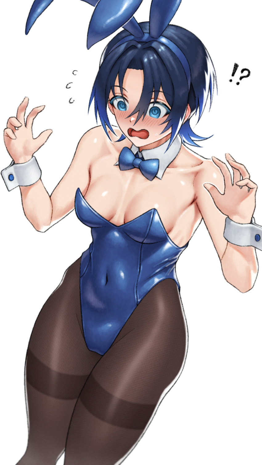 1girl @_@ animal_ears black_hair black_pantyhose blue_bow blue_bowtie blue_eyes blue_leotard blush bow bowtie breasts covered_navel detached_collar feet_out_of_frame highres hiodoshi_ao hololive leotard nose_blush open_mouth pantyhose playboy_bunny rabbit_ears short_hair simple_background skylock small_breasts solo strapless strapless_leotard surprised thighband_pantyhose white_background wrist_cuffs