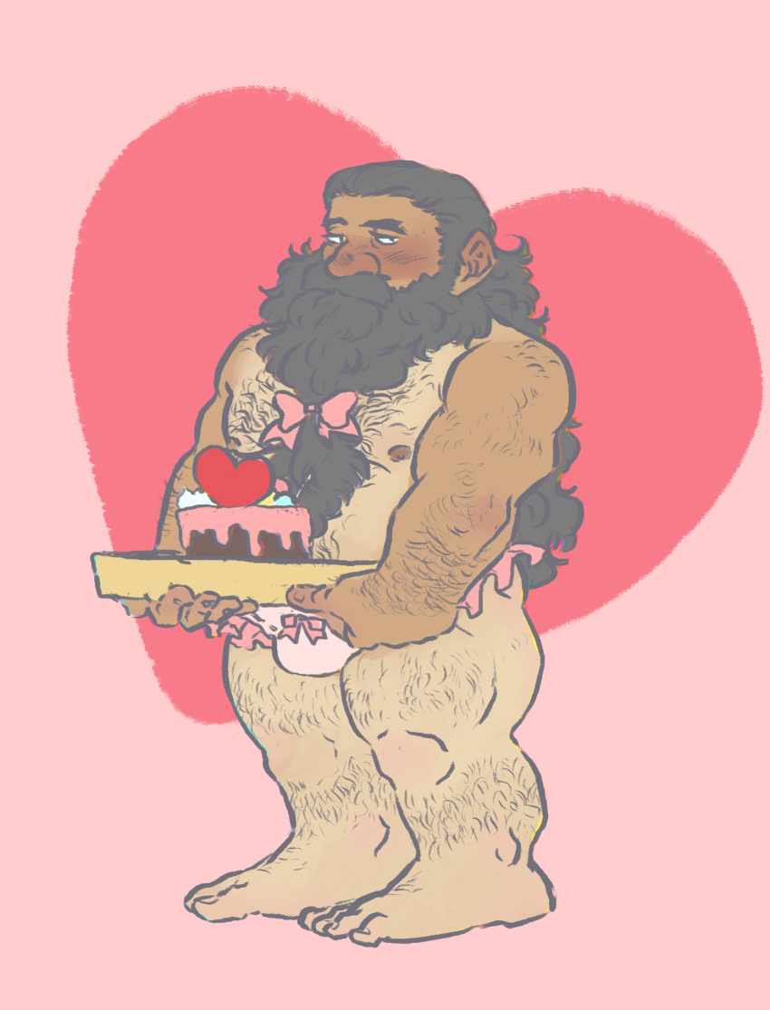 1boy bara beard beard_bow belly blush bow bowtie brown_hair bulge cake dungeon_meshi dwarf facial_hair fake_horns food frilled_underwear hairy half-closed_eyes heart heart_background helmet highres holding holding_cake holding_food horned_helmet horns large_feet long_beard looking_at_viewer male_focus navel_hair nipples pectorals pink_background plump senshi_(dungeon_meshi) shy sideways_glance solo standing tan teratodentata thick_arm_hair thick_chest_hair thick_leg_hair thick_mustache topless_male very_long_beard