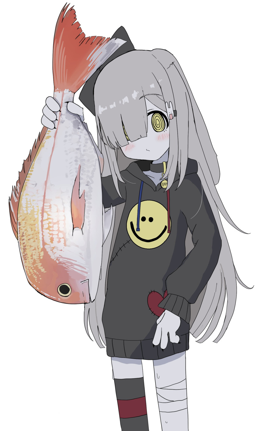 1girl @_@ absurdres animal_hands bandaged_leg bandages blunt_bangs blush choker collar fish grey_hair hair_ornament hair_over_one_eye hairclip highres long_hair original oyasu_miyo simple_background vreparty white_background yellow_eyes