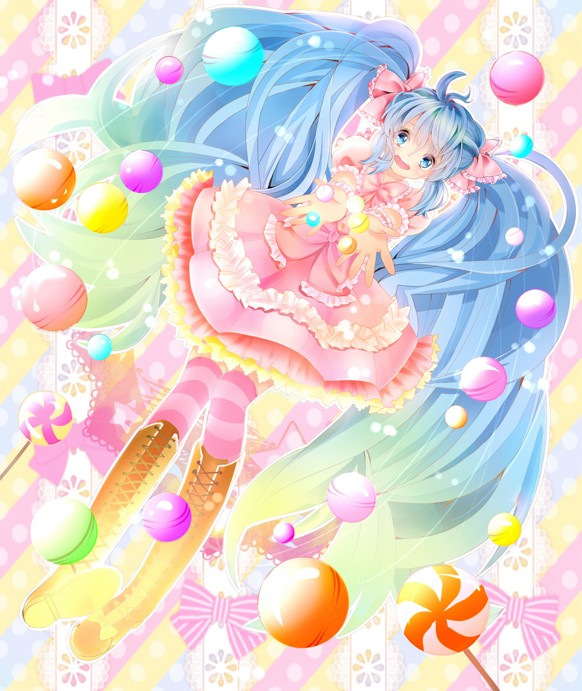 bad_id bad_pixiv_id blue_eyes blue_hair boots bow candy cross-laced_footwear dress food frills hair_bow hatsune_miku highres horon5151 knee_boots lace-up_boots long_hair open_mouth outstretched_arms solo striped striped_background striped_legwear thighhighs twintails very_long_hair vocaloid