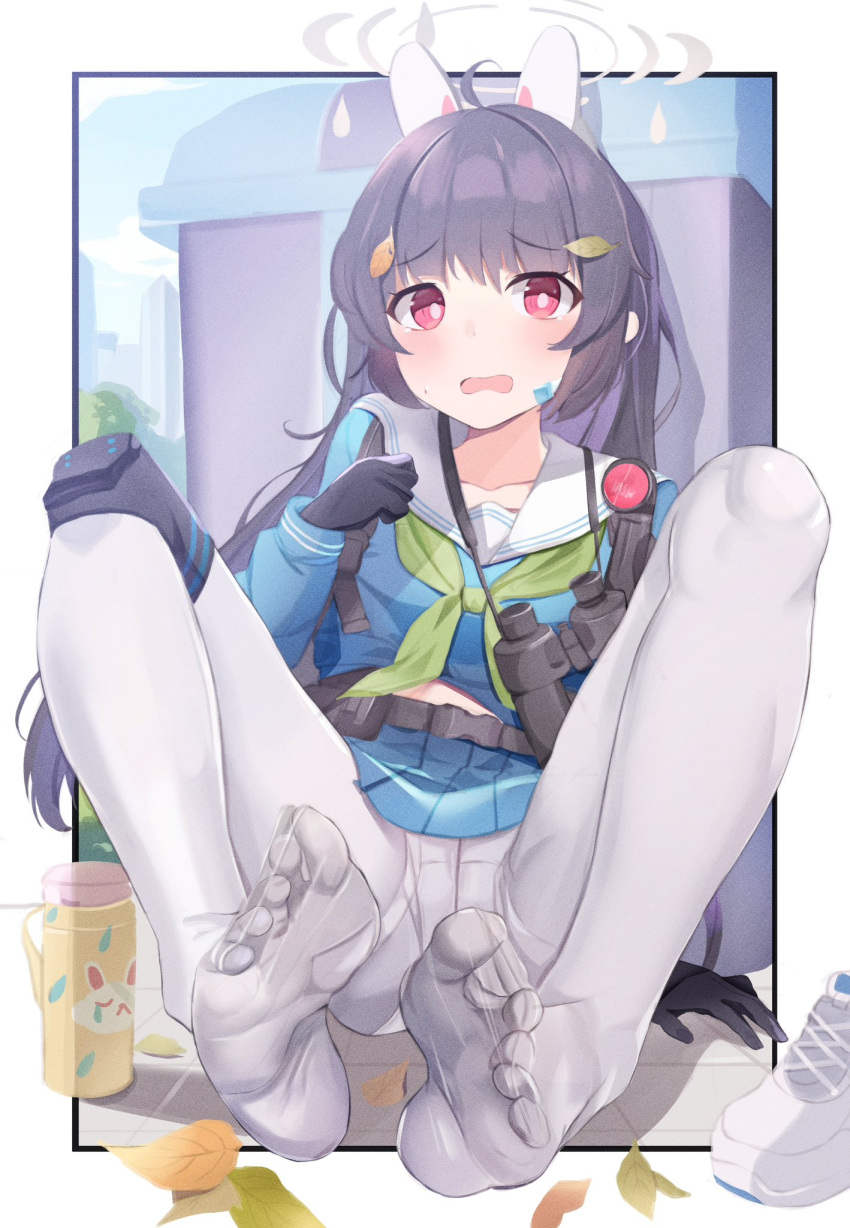 1girl arm_at_side binoculars black_gloves black_hair blue_archive blue_serafuku blue_shirt blue_skirt blush border bright_pupils cameltoe chikoku collarbone commentary_request day feet foreshortening frown full_body gloves green_neckerchief grey_halo hair_between_eyes halo hand_up highres knees_apart_feet_together leaf leaf_on_head leaning_back long_hair looking_at_viewer miyu_(blue_archive) neckerchief no_shoes open_mouth outdoors panties panties_under_pantyhose pantyhose red_eyes sailor_collar school_uniform serafuku shirt shoes sitting skirt sneakers soles solo sweatdrop thermos toes trash_can underwear unworn_shoes wavy_mouth white_border white_footwear white_pantyhose white_sailor_collar