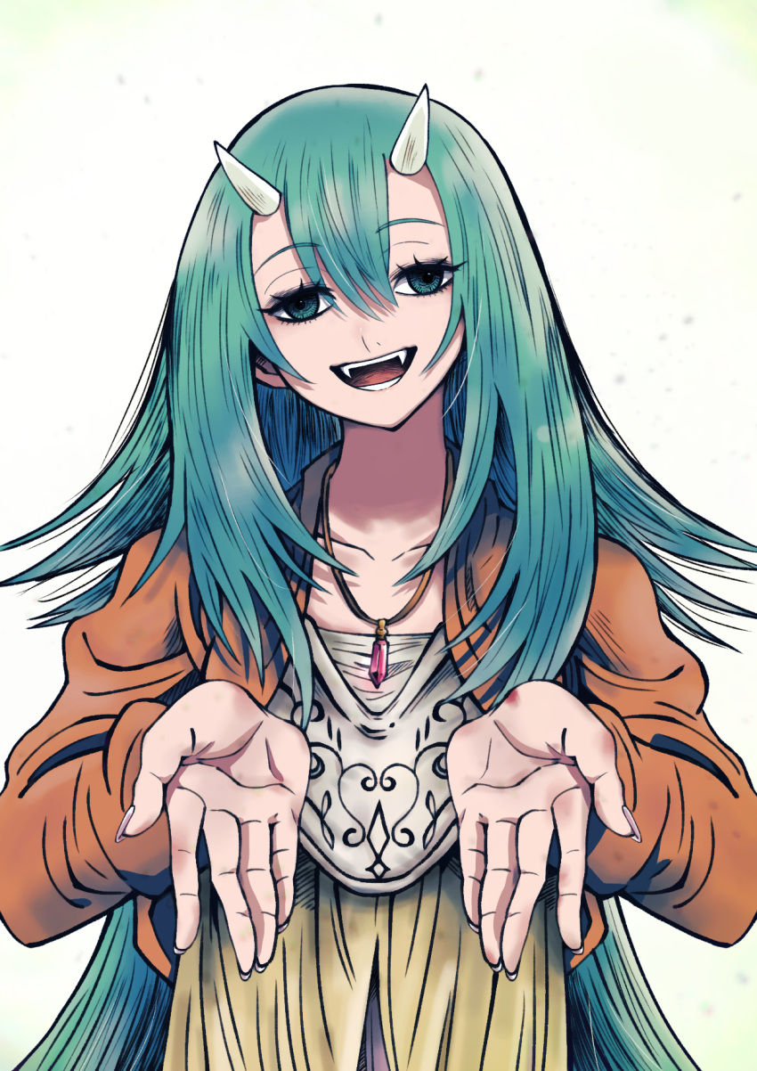 1girl batchgooya green_eyes green_hair hair_between_eyes highres horns jewelry long_hair looking_at_viewer necklace open_mouth simple_background solitar_(sousou_no_frieren) solo sousou_no_frieren very_long_hair