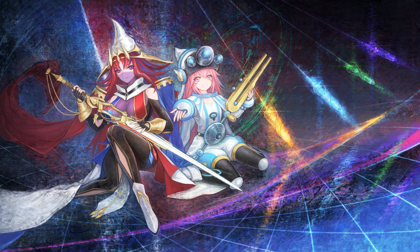 2girls beyond_the_pendulum blue_eyes blue_hair bodystocking breasts covered_navel duel_monster exceed_the_pendulum harmonizing_magician hat highres holding holding_sword holding_weapon labombardier! large_breasts long_hair mask mouth_mask multicolored_eyes multicolored_hair multiple_girls pink_eyes pink_hair red_eyes red_hair streaked_hair sword weapon witch_hat yu-gi-oh!