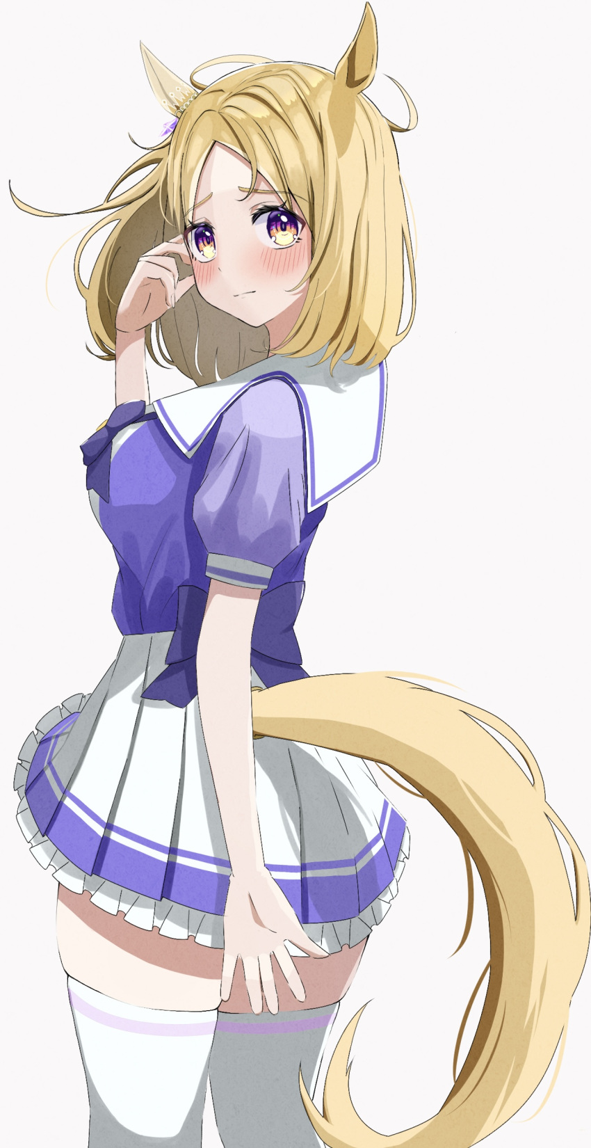 1girl absurdres animal_ears blonde_hair blush bow closed_mouth commentary_request cowboy_shot from_behind gradient_eyes highres horse_ears horse_girl horse_tail looking_at_viewer looking_back medium_hair multicolored_eyes nanami_haru narita_top_road_(umamusume) pleated_skirt puffy_short_sleeves puffy_sleeves purple_bow purple_shirt school_uniform shirt short_sleeves simple_background skirt solo summer_uniform tail tail_through_clothes thighhighs tracen_school_uniform umamusume white_background white_thighhighs