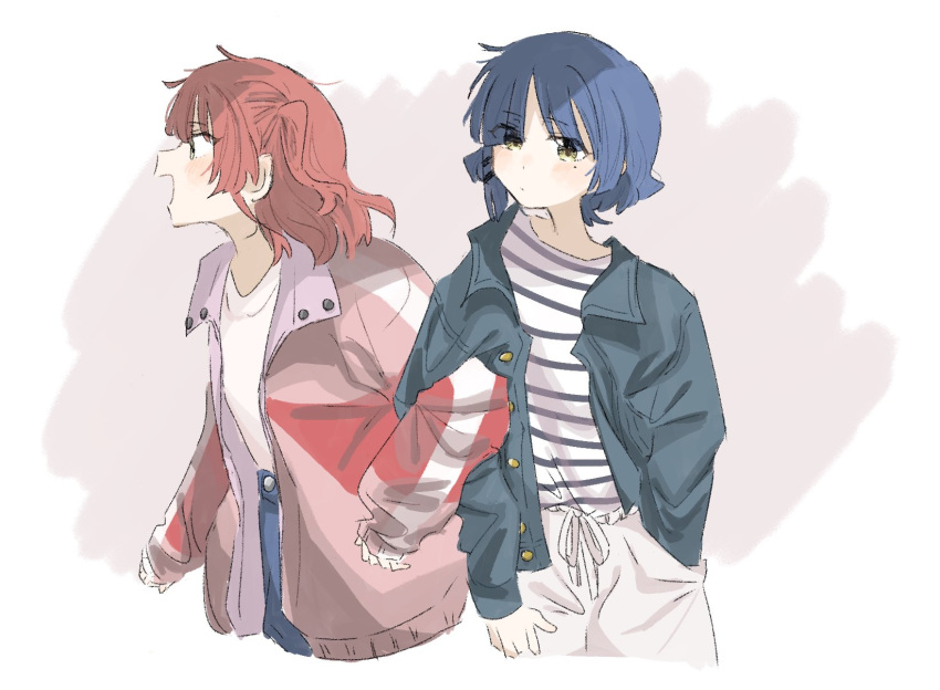 2girls alternate_costume arm_grab blue_hair blush bocchi_the_rock! green_eyes hair_ornament hand_in_pocket highres jacket kita_ikuyo looking_at_viewer medium_hair mole mole_under_eye multicolored_clothes multiple_girls neginegi0090 open_clothes open_jacket red_hair shirt simple_background striped_clothes striped_shirt white_shirt yamada_ryo yellow_eyes
