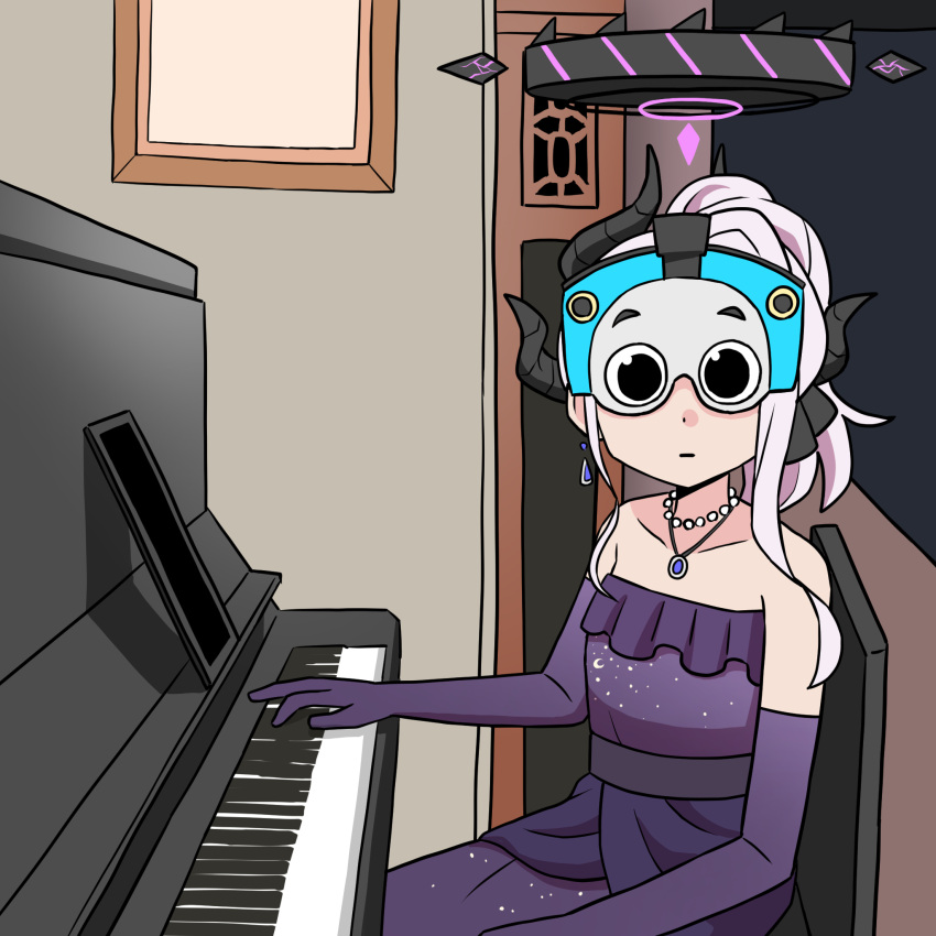 1girl bare_shoulders blue_archive bow cameo collarbone commentary_request dangle_earrings demon_girl demon_horns dress earrings elbow_gloves eye_mask gloves grand_piano hair_bow hair_ribbon halo highres hina_(blue_archive) hina_(dress)_(blue_archive) horns instrument jewelry long_hair looking_at_viewer music necklace official_alternate_costume official_alternate_hairstyle parted_bangs pearl_necklace pendant piano piano_bench playing_instrument playing_piano ponytail purple_dress ribbon sidelocks sitting solo strapless strapless_dress thomas_the_tank_engine thomas_the_tank_engine_(character) washin white_hair