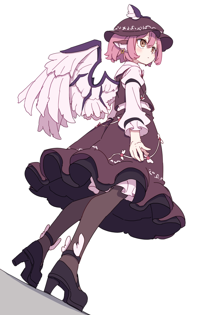 1girl absurdres animal_ears bird_ears bird_wings black_footwear black_pantyhose blush brown_dress brown_eyes brown_hat closed_mouth dress feathered_wings frilled_dress frills from_below full_body hair_between_eyes hat high_heels highres kame_(kamepan44231) long_sleeves mystia_lorelei pantyhose pink_hair shirt short_hair simple_background sleeve_garter solo standing touhou white_background white_shirt white_wings winged_footwear winged_hat wings