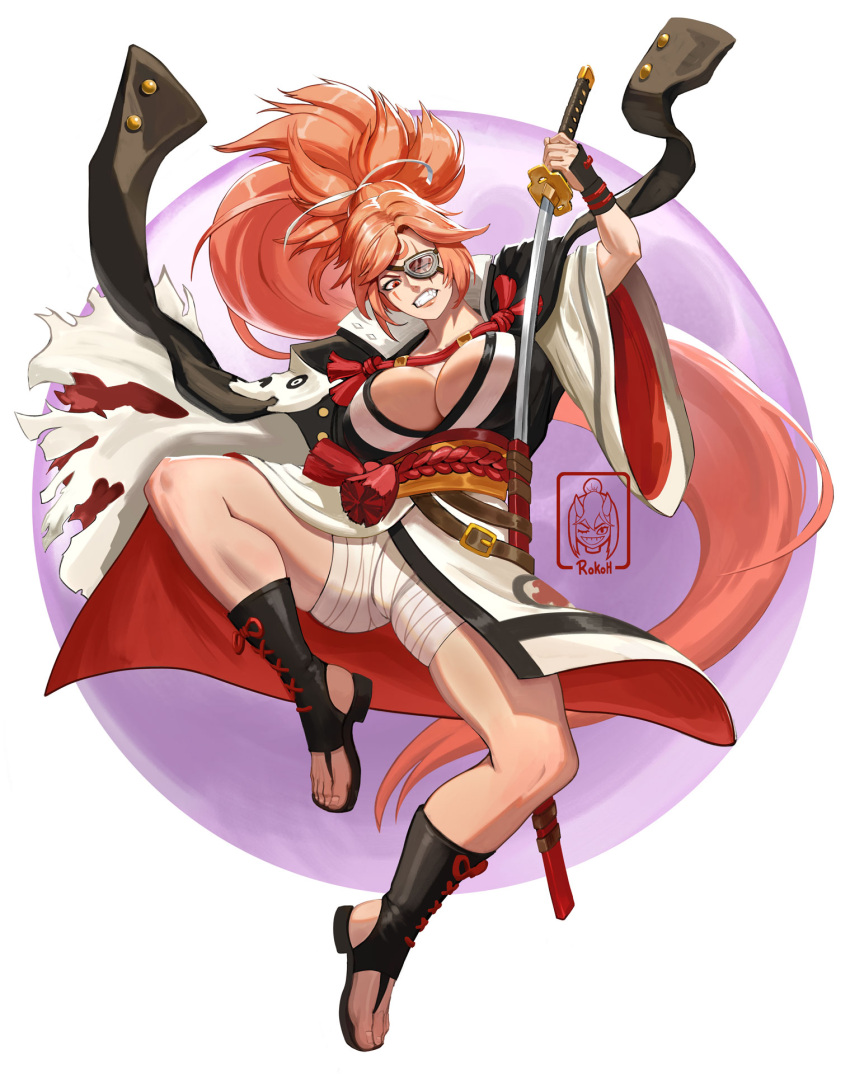 1girl amputee baiken big_hair black_kimono breasts cleavage eyepatch facial_tattoo guilty_gear guilty_gear_strive highres japanese_clothes kataginu katana kimono large_breasts long_hair looking_at_viewer multicolored_clothes multicolored_kimono one-eyed open_clothes open_kimono ponytail red_eyes robert_koh samurai scar scar_across_eye sword tattoo torn_sleeve weapon
