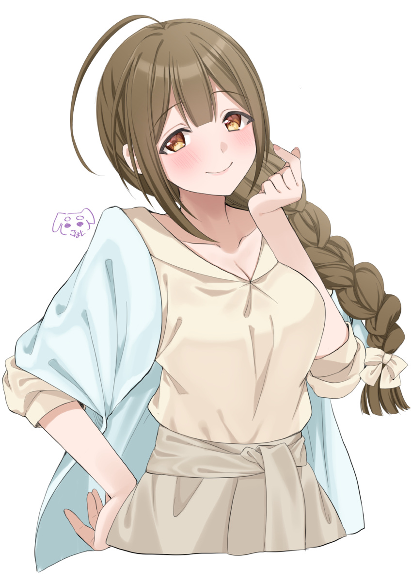 1girl ahoge blue_jacket blush bow braid breasts brown_eyes brown_hair brown_sash brown_skirt cleavage closed_mouth collarbone cropped_torso hair_bow hair_over_shoulder hair_ribbon hamcheeseand hand_on_own_hip hand_up highres idolmaster idolmaster_shiny_colors jacket kuwayama_chiyuki large_breasts looking_at_viewer ribbon shirt signature simple_background single_braid skirt smile solo white_background white_ribbon yellow_shirt