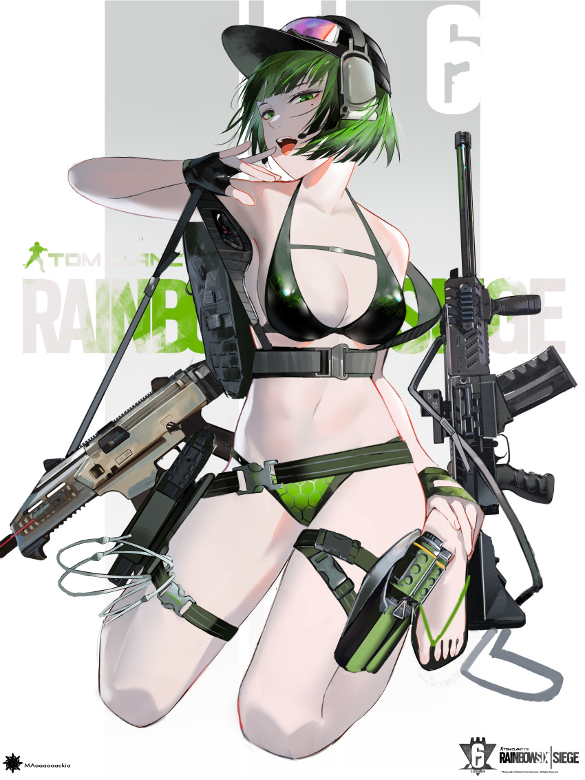 1girl absurdres alternate_costume arknights baseball_cap bikini black_gloves breasts buckle cleavage cz_scorpion_evo_3 ear_protection ela_(rainbow_six_siege) explosive fingerless_gloves flip-flops full_body gloves goggles goggles_on_headwear green_hair grenade gun halterneck hand_on_own_foot handgun hat headphones headphones_over_headwear headset highres holster holstered kneeling mackia mole mole_under_eye pr-15_ragun rainbow_six_siege rifle sandals short_hair snap-fit_buckle swimsuit thigh_holster thigh_strap weapon