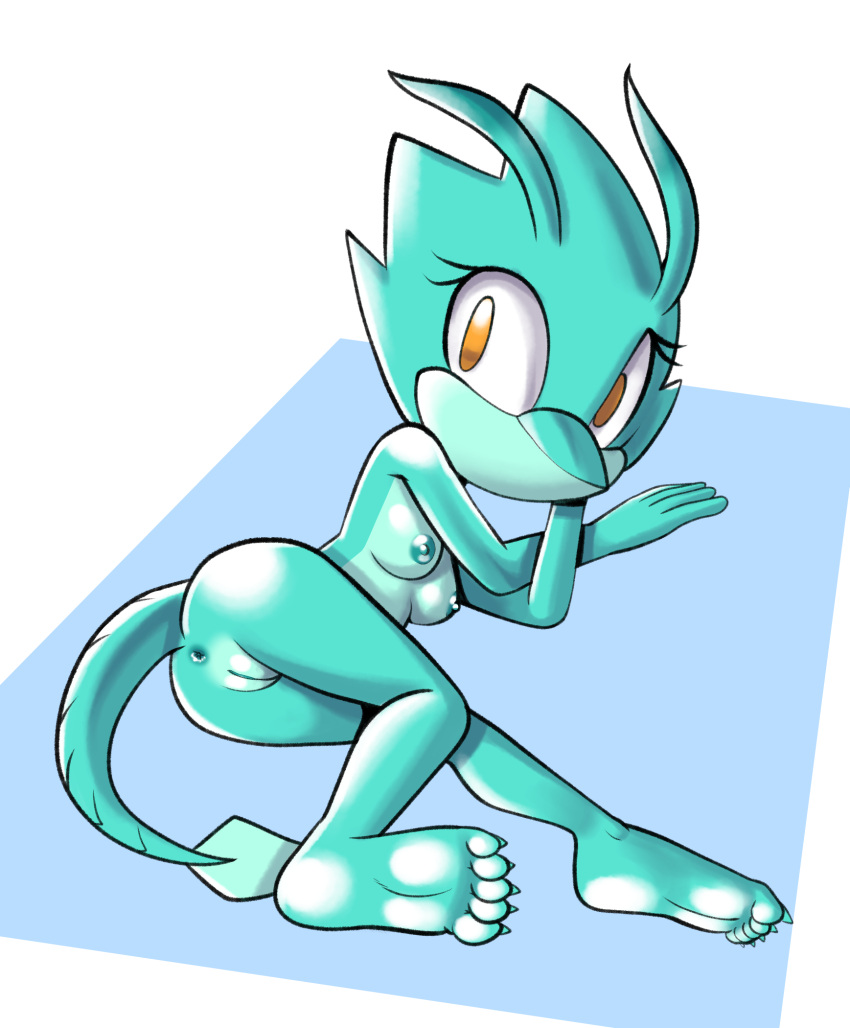 anus breasts butt fan_character female fours_(artist) gecko genitals green_body hi_res lizard looking_at_viewer lying_on_ground mouthless orange_eyes pussy reptile scalie sega skitter_the_gecko slim solo sonic_the_hedgehog_(series)