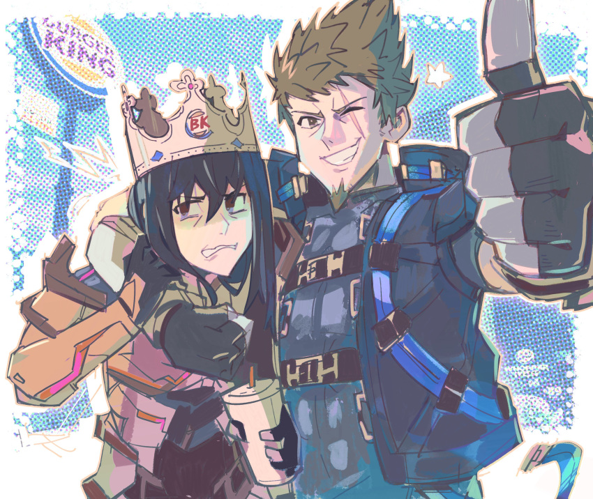 2boys absurdres arm_around_shoulder armor belt black_hair blue_background blue_jacket brown_hair burger_king clenched_teeth commentary crown drink drinking_straw embarrassed english_commentary hair_between_eyes highres holding holding_drink jacket logo long_hair male_focus multiple_boys n_(xenoblade) one_eye_closed onepointzero open_clothes open_jacket rex_(xenoblade) scar scar_across_eye short_hair smile teeth thumbs_up upper_body xenoblade_chronicles_(series) xenoblade_chronicles_3 xenoblade_chronicles_3:_future_redeemed