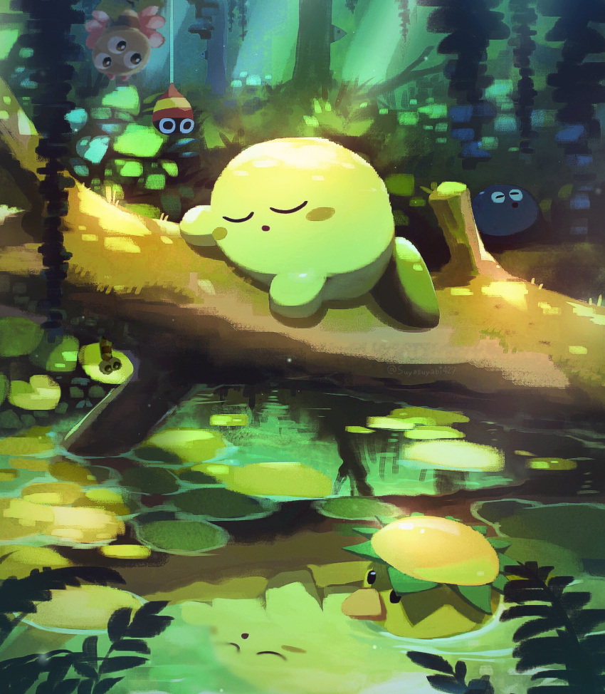 1boy afloat character_request closed_eyes forest gooey_(kirby) highres kirby kirby_(series) lily_pad log lying nature on_stomach outdoors sleeping string suyasuyabi