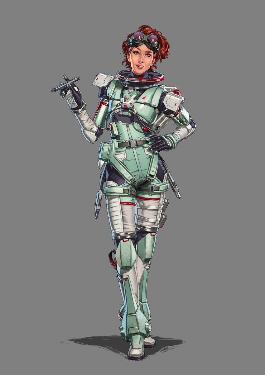 1girl absurdres apex_legends apex_legends_mobile black_gloves english_commentary gloves goggles goggles_on_head grey_background highres holding holding_pen horizon_(apex_legends) looking_at_viewer official_art orange_hair pen shadow short_hair smile solo soojung_lee spacesuit