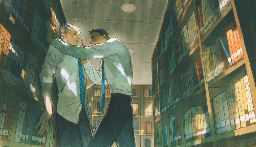 2boys against_wall akaashi_keiji black_eyes black_hair black_pants blue_necktie bokuto_koutarou bookshelf brown_eyes chengongzi123 commentary face-to-face grey_hair haikyuu!! hand_up hands_up highres index_finger_raised indoors kabedon library long_sleeves looking_at_another male_focus multicolored_hair multiple_boys necktie open_mouth pants school_uniform short_hair slit_pupils standing streaked_hair striped_necktie symbol-only_commentary thick_eyebrows upper_body very_short_hair yaoi