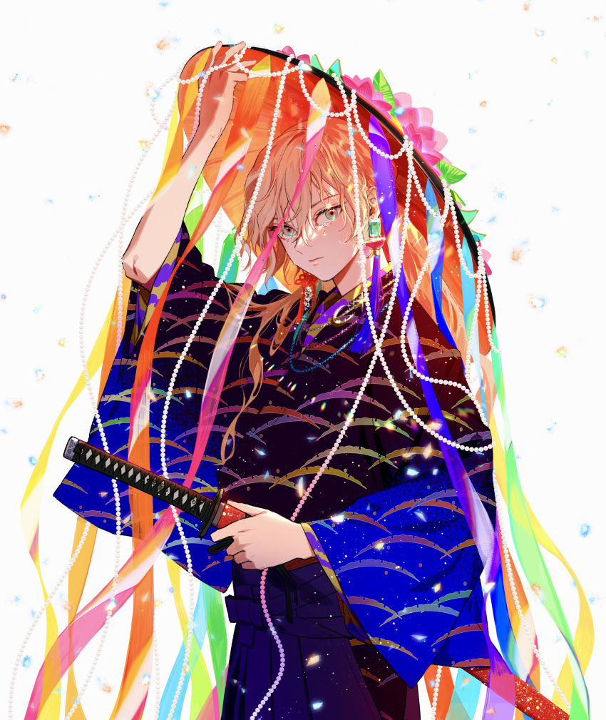 1boy absurdres arm_up bead_necklace beads bishounen black_kimono blonde_hair colorful crying crying_with_eyes_open earrings eyelashes green_eyes hand_on_headwear highres holding holding_sheath japanese_clothes jewelry katana kazari_tayu kimono light_rays looking_at_viewer male_focus necklace original sheath simple_background solo sword tassel tassel_earrings tears upper_body wavy_hair weapon