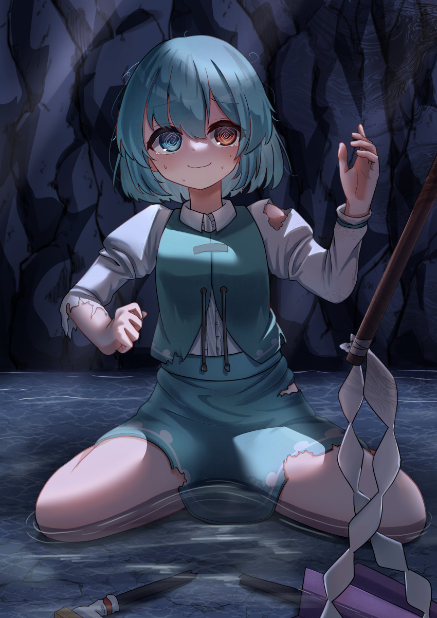 1girl @_@ absurdres blue_hair blue_skirt blue_vest closed_mouth commentary_request full_body gohei heterochromia highres kneeling long_sleeves outdoors short_hair sitting skirt smile solo tatara_kogasa torn_clothes touhou tsubakipan vest wading