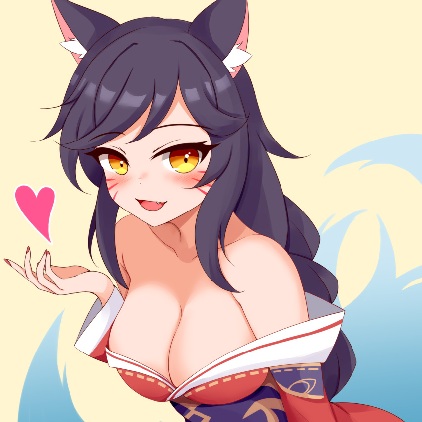 2024 ahri_(lol) animal_humanoid ayatori black_hair blush breasts canid canid_humanoid canine canine_humanoid cleavage cleavage_cutout clothed clothing colored_nails cutout digital_media_(artwork) facial_markings female fingernails fluffy fluffy_tail fox_humanoid hair head_markings heart_symbol hi_res humanoid inner_ear_fluff league_of_legends looking_at_viewer mammal mammal_humanoid markings multi_tail nails open_mouth red_nails riot_games simple_background solo tail teeth tuft yellow_background yellow_eyes