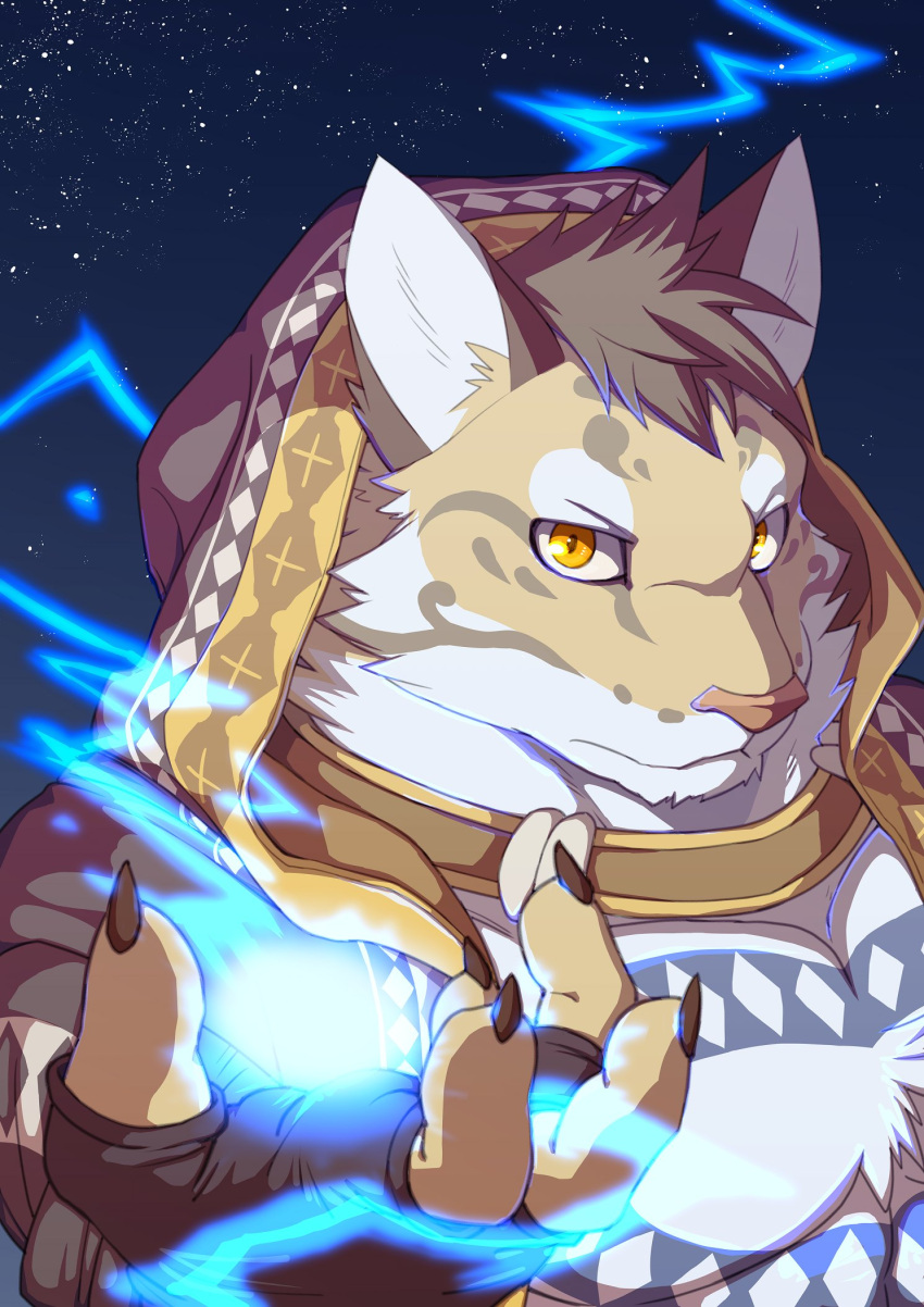 1boy animal_ears chest_tattoo claws commentary_request electricity electrokinesis fingerless_gloves furry furry_male gloves highres hood hooded_jacket jacket leopard_boy leopard_ears likulau_(nekojishi) looking_at_viewer male_focus nekojishi night night_sky pectorals sakuhuu sky snake_tattoo star_(sky) starry_sky tattoo topless_male upper_body yellow_eyes