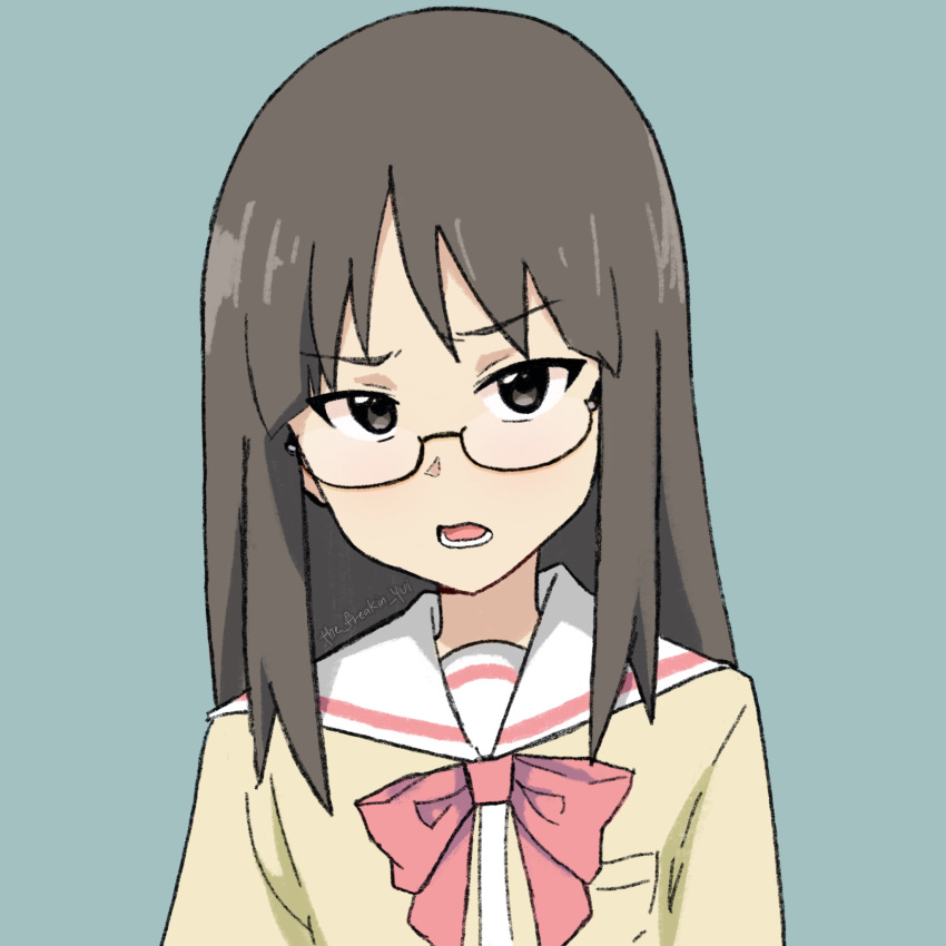 1girl artist_name bow bowtie brown_eyes brown_hair commentary disgust english_commentary glasses green_background highres long_hair long_sleeves looking_at_viewer minakami_mai nichijou open_mouth portrait raised_eyebrow red_bow red_bowtie sailor_collar school_uniform shirt simple_background solo the_freakin_yui tokisadame_school_uniform white_sailor_collar yellow_shirt