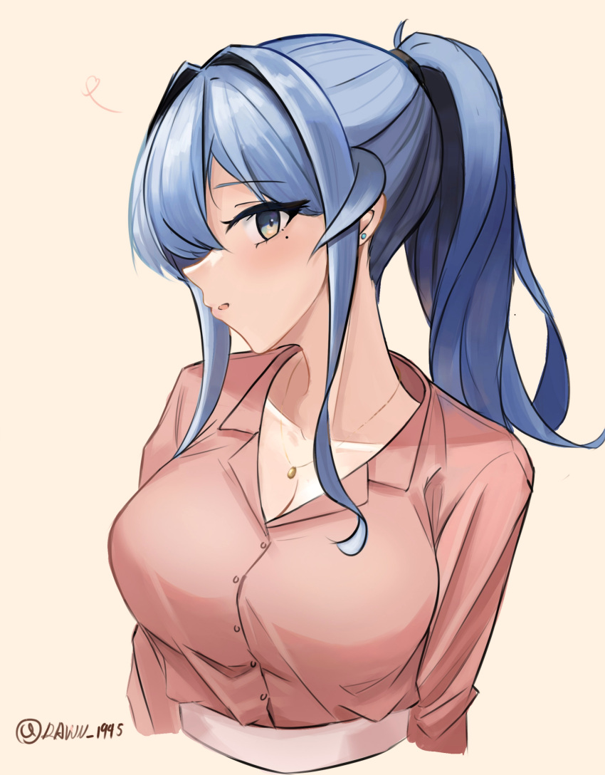 1girl absurdres blue_eyes blue_hair blush breasts buttons cleavage collared_shirt commentary_request dawn_1945 earrings facing_to_the_side gotland_(kancolle) hair_over_one_eye heart highres jewelry kantai_collection long_hair looking_at_viewer medium_breasts mole mole_under_eye necklace parted_lips pink_shirt ponytail shirt signature simple_background solo spoken_heart stud_earrings upper_body