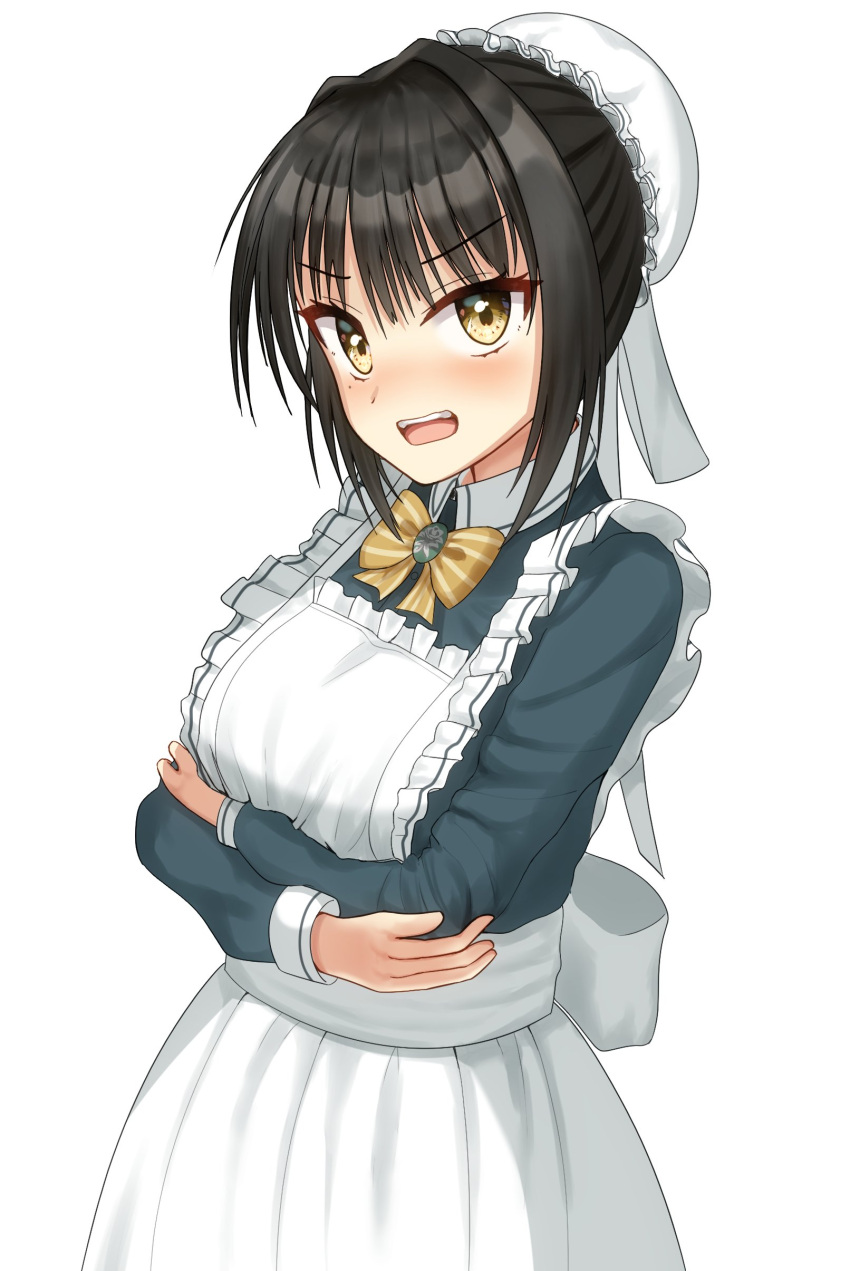 1girl absurdres apron aqua_shirt arms_under_breasts back_bow black_hair blush bow breasts cafe_stella_to_shinigami_no_chou commentary cowboy_shot crossed_arms embarrassed eyelashes hair_between_eyes hair_bun hair_intakes hair_ribbon hat highres large_breasts long_sleeves maid maid_apron medium_hair mob_cap mole mole_under_eye nose_blush open_mouth ribbon shiki_natsume shirt simple_background single_hair_bun solo striped_bow teeth tsurime upper_teeth_only v-shaped_eyebrows wada_(fzwprhf3aj45658) white_apron white_background white_bow white_hat white_ribbon yellow_bow yellow_eyes